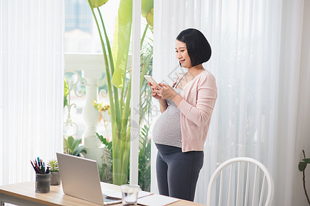 年轻孕妇站立在窗口上 阅读智能手机短信的文字信息腹部女士母亲孩子婴儿女性母性怀孕窗户电话图片