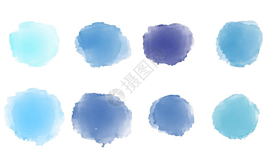 一套柔和的蓝色水彩画笔隔离在上条纹艺术家艺术插图墨水创造力白色调色板刷子中风图片