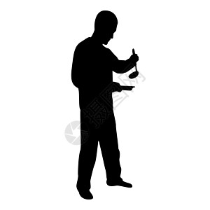 剪影男人用平底锅勺勺子厨房用具裂开汤在他的手准备食物男性烹饪使用 sauciers 黑色矢量插图平面样式 imag盘子用具碟子服图片