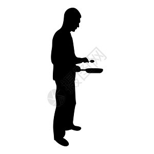 剪影男子拿着煎锅勺子厨师拿着厨房用具专业使用厨房工作人员概念国内预制食品黑色矢量插图平面样式图像图片