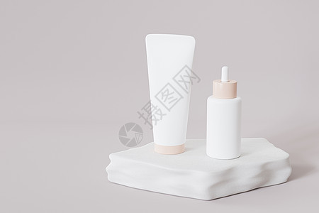 化妆品制品的混合瓶和管 在石台台上的模板或广告 灰色背景 3D插图图片