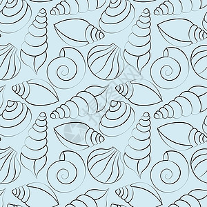 带轮廓蓝色贝壳的无缝矢量图案纺织品打印墙纸蜗牛笔记本漩涡装饰品牡蛎热带插图图片
