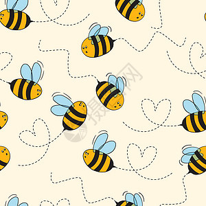 与蜜蜂在彩色背景上的无缝模式 小黄蜂 矢量图 可爱的卡通人物 邀请卡纺织面料的模板设计 涂鸦样式野生动物蜂巢荒野工人养蜂业绘画动图片