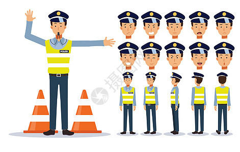 一组平面矢量字符插图交通警察在各种视图卡通风格图片