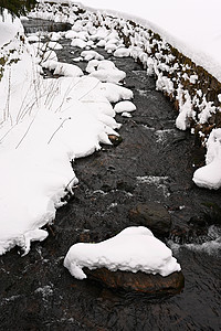 冬天流的石块和雪 是冬季和冰冻的美丽概念岩石日落场景风景树木环境瀑布天堂森林蓝色图片