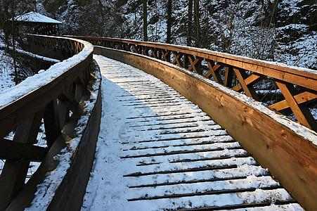 美丽的雪地木桥和徒步之路 冬季有雪和太阳的冬天国家环境风景天桥季节场景木头农村树木寒冷图片