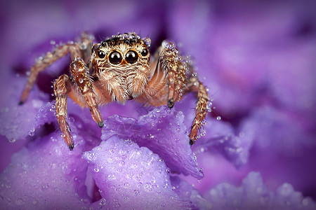 富紫色昆虫蠕变野生动物跳跃荒野花瓣动物漏洞捕食者眼睛图片