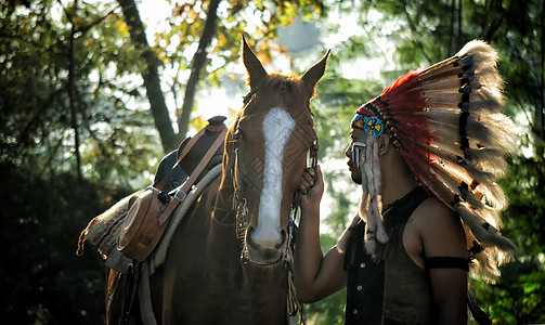 美国印第安人战士 部落首领 长着羽毛的男子和木鹰马马马图片
