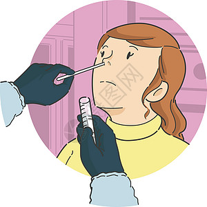前视图卡通图案中女性患者的鼻拭子测试图片