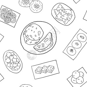 印度菜透明无缝模式 菜单咖啡厅小酒馆餐厅面包店包装和其他东西的设计草图元素 矢量图图片