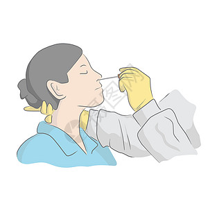 一位身穿 PPE 套装的特写医生对一位年轻女性进行 Covid-19 或冠状病毒测试 并用鼻拭子探针手绘插图载体图片