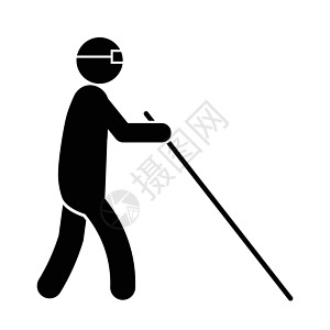 盲人简笔画拄着白色手杖和眼镜走路 孤立在白色背景上的黑色插图  EPS矢量图片