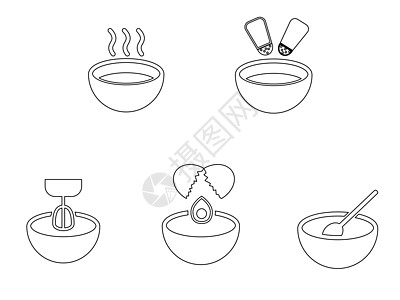 碗厨房大纲集 各种碗描绘了热汤盐胡椒调味混合搅拌鸡蛋开裂和搅拌 展开的黑白 EPS Vecto图片