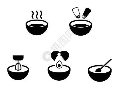 碗厨房套装 各种碗描绘了热汤盐胡椒调味混合搅拌鸡蛋开裂和搅拌 黑白 EPS Vecto图片