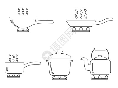 烹饪锅锅水壶轮廓套装 描绘炊具锅锅水壶的各种轮廓图标 展开的黑白 EPS Vecto图片