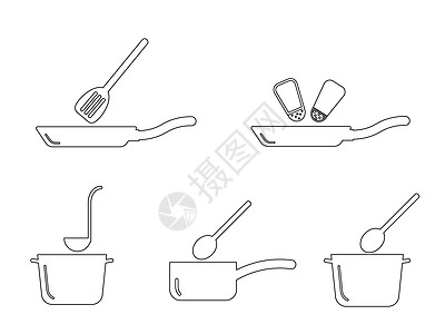 烹饪厨房锅具轮廓套装 描绘厨房里发现的各种烹饪锅和平底锅 黑白 EPS Vecto背景图片