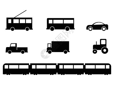 陆路运输车辆集 一组各种地面车辆 公交车卡车卡车拖拉机火车 黑白 EPS Vecto图片