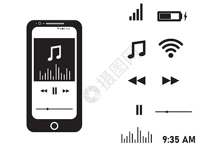 智能手机音乐播放器 音乐播放器中的一组图标 音量时间电池寿命 wifi 信号向前向后暂停和音量图标图片