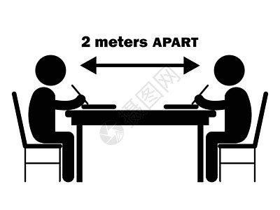 两个学生学习写字台 2m 米 分开 描绘 covid-19 大流行期间社会距离的插图 黑色和白色 Vecto图片