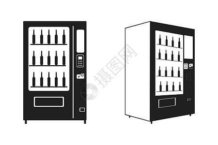 饮料饮料自动售货机套装 黑与白 在白色背景上隔离的正面和侧面视图  EPS矢量图片