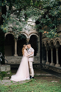 Groom 拥抱新娘 站在一个绿色花园里 在意大利科莫湖的一栋有柱子的老别墅背景之下图片