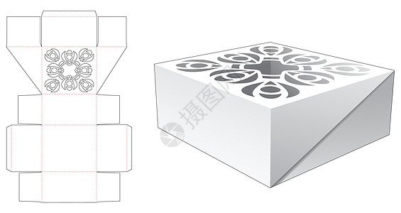 顶部模切模板上带有钢印曼陀罗图案的蛋糕盒商品食物商业推介会产品展示零售礼物插图枕头图片