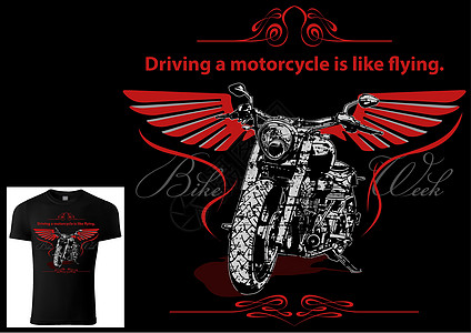 带摩托车和装饰翼的骑自行车的人的 T 恤图片