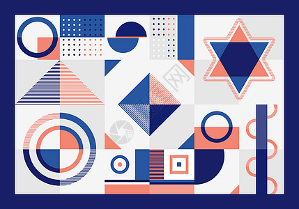 白色背景下的抽象蓝色和橙色几何图案矩形三角形正方形和圆形设计图片