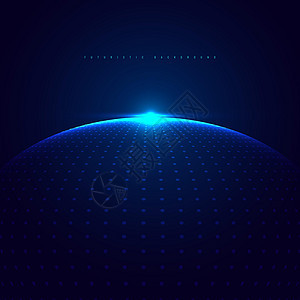 抽象 3D 蓝色发光点粒子球体与照明在深蓝色背景技术未来主义概念图片