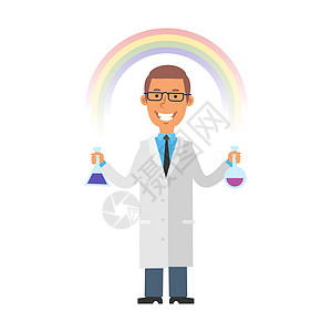年轻的科学家拿着试管 在彩虹的背景下微笑 矢量字符图片