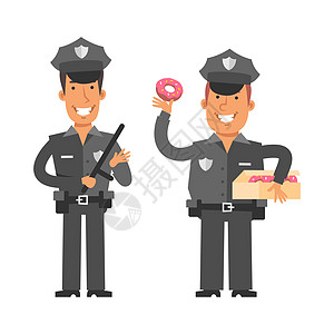 拿着警棍的瘦警察 胖警察拿着甜甜圈 矢量字符图片