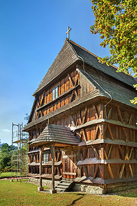 斯洛伐克Hronsek的Wooden教堂房子木头历史性遗产建筑学关节教会历史宗教乡村图片