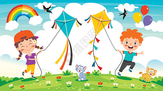 孩子玩五颜六色的工具包跑步时间孩子们游戏玩具操场风筝插图休闲天空图片