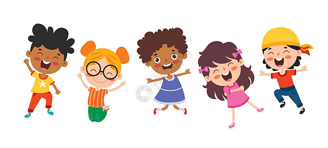 快乐的多民族孩子一起玩耍男生朋友种族小学生卡通片设计童年庆典手指女孩图片