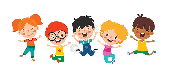 快乐的多民族孩子一起玩耍小学生角色欢呼庆典卡通片设计多样性卷发学生背景图片