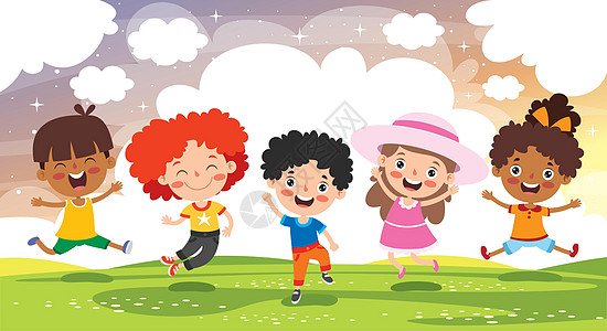快乐的多民族孩子一起玩耍友谊小学生设计朋友们卡通片女孩男孩们背景少年庆典图片