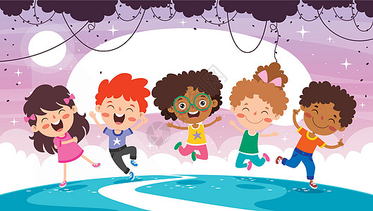 快乐的多民族孩子一起玩耍儿童少年时代朋友们朋友童年幼儿园庆典卡通片插图图片