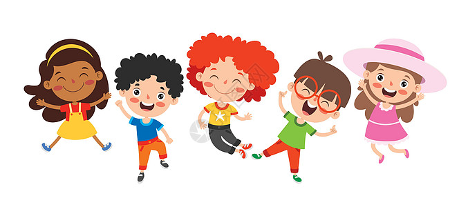 快乐的多民族孩子一起玩耍友谊女孩卡通片卷发手指幼儿园角色插图学生种族图片