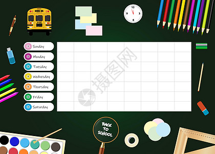 被学校用品包围的学校每周计划员纸板笔记公告插图数字彩色蜡笔桌子放大镜补给品图片