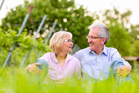 葡萄园中快乐的老男女成人男性男人丈夫幸福太阳女士草地退休天空图片
