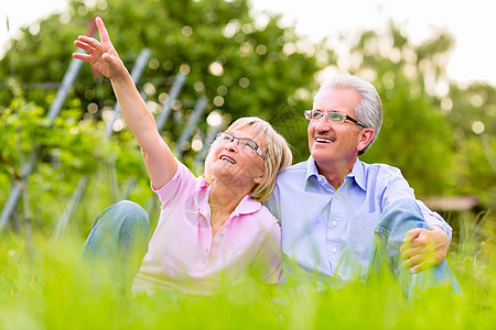 葡萄园中快乐的老男女男性退休老年人女性女士男人草地乡村太阳天空图片