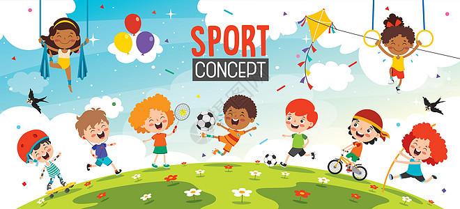 体育概念设计与有趣的孩子微笑活动男生团队爱好乐趣竞赛足球青年孩子们图片