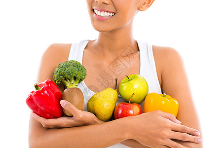 亚裔妇女吃健康水果蔬菜重量运动装青年食物饮食女性身体减肥青菜图片