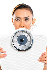 体重秤减肥的亚洲女性健康饮食停留运动运动装青年重量体重压力身体图片