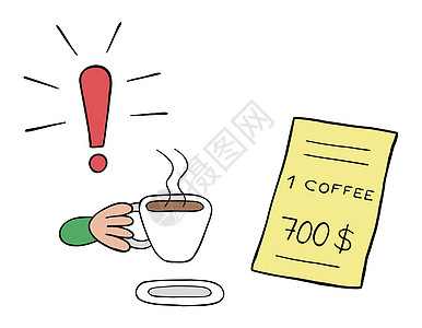 咖啡饮用者和价格非常高的餐厅的卡通矢量图图片