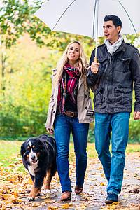 在秋雨中与狗一起走路的男女跑步山狗夫妻成人妈妈脚跟公园动物草地爸爸图片