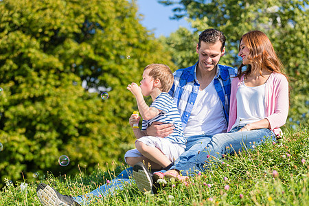 家庭坐在草地上玩肥皂泡树木父母公园女士男生气泡天空乐趣爸爸父亲图片