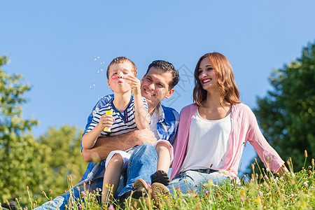 家庭坐在草地上玩肥皂泡乐趣幸福气泡母亲丈夫孩子快乐妻子父母父亲图片