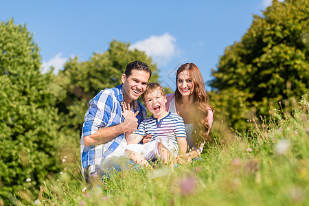 家庭坐在草地上 儿童挥手蓝色树木天空公园母亲乐趣幸福男生女士爸爸图片