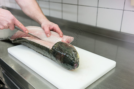 餐饮厨房厨师 填料鱼鲤鱼淡水内脏男人男性躯干职业餐厅食物烹饪图片